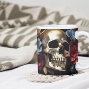 Skull and Roses Mug – Bold Gold Skull with Floral Design