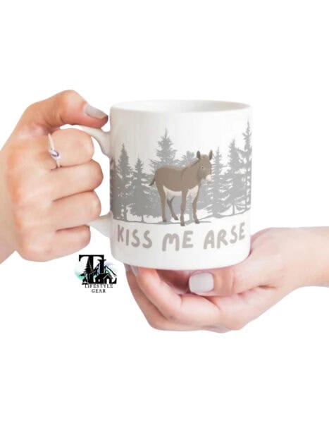 Newfoundland Kiss Me Arse Ceramic Mug with donkey and treeline