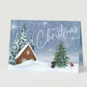 Labrador-Inspired Christmas Card – Cozy Cabin and Newfoundland Dog Scene