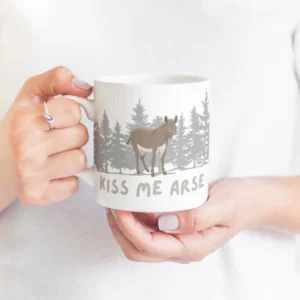 Funny Newfoundland Mug – "Kiss Me Arse" with Moose and Forest Design