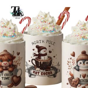 Christmas hot chocolate mugs with vibrant christmas designs. Snowman Heifer Cow Penguin in mugs of hot chocolate