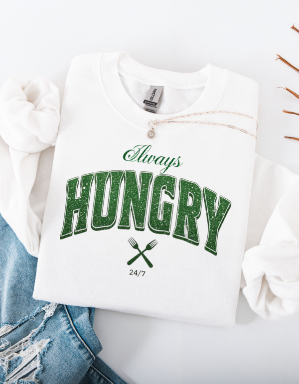 "Always Hungry" Varsity Style Heavy Blend Crewneck Sweater, Unisex- 7 colors - Image 3