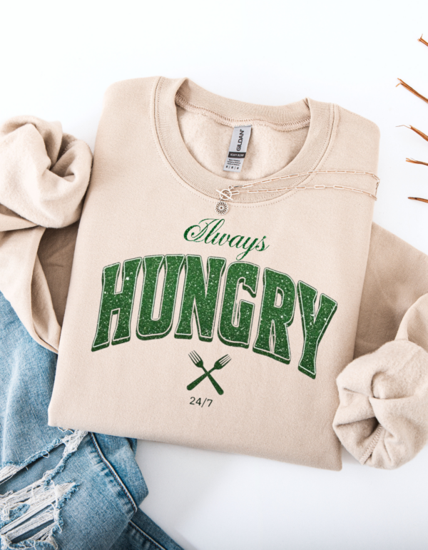 "Always Hungry" Varsity Style Heavy Blend Crewneck Sweater, Unisex- 7 colors - Image 7