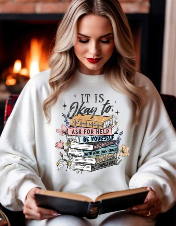 It is Ok Book Lovers - Mental Health Awareness Crewneck Sweatshirt - Image 3