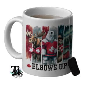 White ceramic mug with Canadian themed wildlife on it