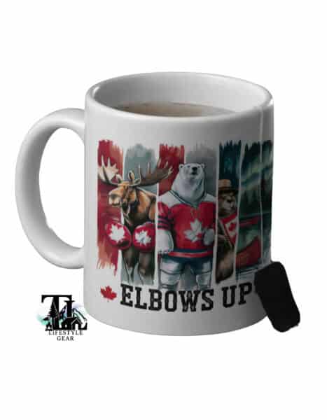 White ceramic mug with Canadian themed wildlife on it