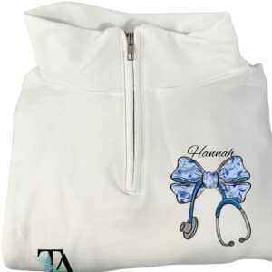White Quarter zipped sweatshirt with stethoscope and custom name or text.