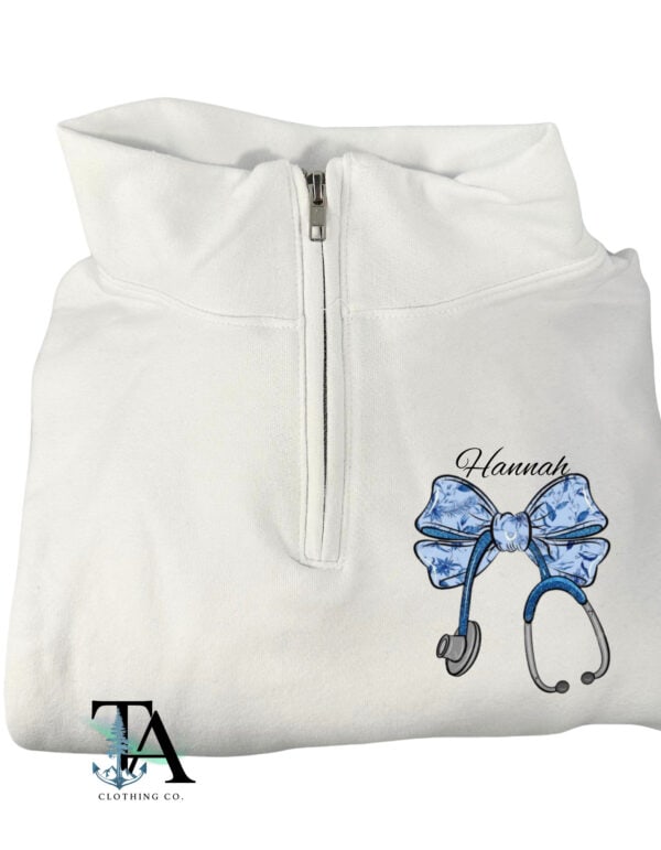 White Quarter zipped sweatshirt with stethoscope and custom name or text.