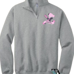 Quarter zip sweatshirt created in New Brunswick Canada featuring a chest patch for custom name hairdresser logo. Logo contains a hairbrush, a hairdryer and a straightener in pink. For gifting hairdressers, hairdresser graduates and hair enthusiasts.