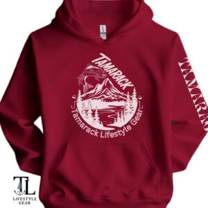 Minimalist fishing tamarack gear hoodie antique cherry red with a sketch of a fish over water in a droplet shape