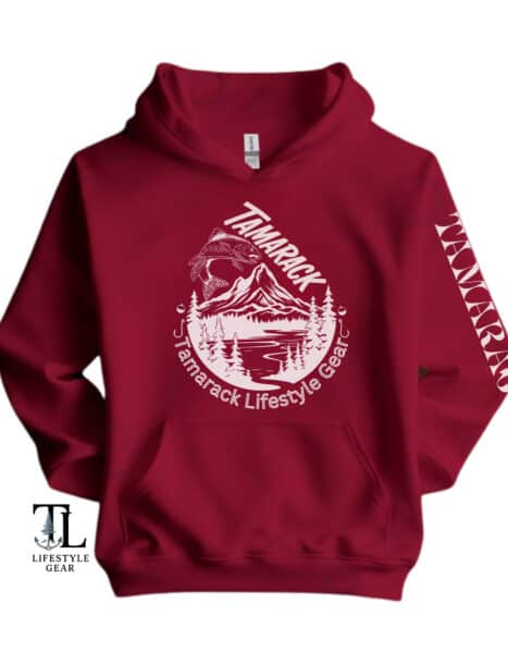 Minimalist fishing tamarack gear hoodie antique cherry red with a sketch of a fish over water in a droplet shape