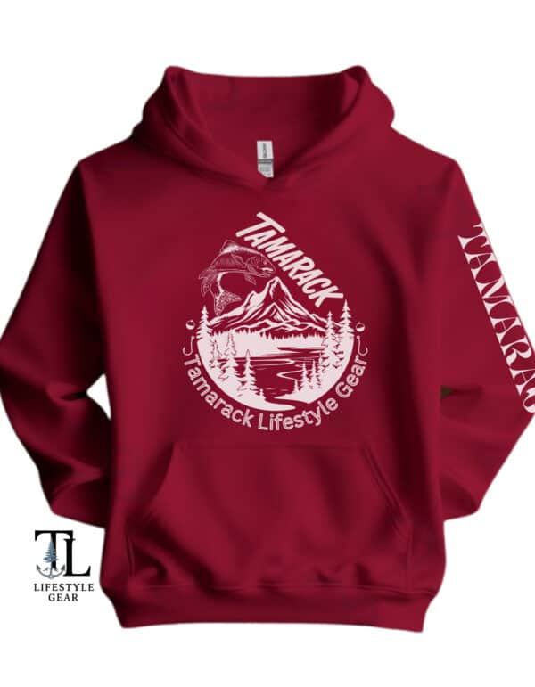 Minimalist fishing tamarack gear hoodie antique cherry red with a sketch of a fish over water in a droplet shape
