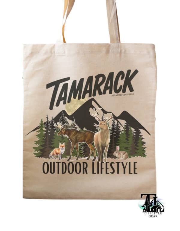 Tamarack canvas gear bag with tamarack lifestyle gear design. Moose deer rabbit fox and mountain scene. Life among the tamarack trees