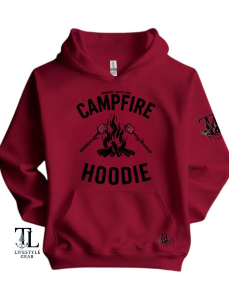 Tamarack Gear Hoodie Cherry red with a campfire and marshmallows outdoor sweatshirt