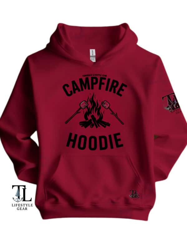 Tamarack Gear Hoodie Cherry red with a campfire and marshmallows outdoor sweatshirt