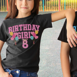 Kid and youth birthday shirt birthday girl pink letters customizeable number 8 for age. black Gildan shirt.