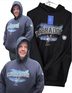 Labrador northern lights aurora borealis hooded sweatshirt hoodie in black with a caribou Labrador established 1867 labroador province hooded sweatshirt