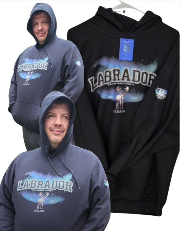 Labrador northern lights aurora borealis hooded sweatshirt hoodie in black with a caribou Labrador established 1867 labroador province hooded sweatshirt