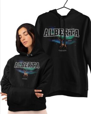 Alberta varsity northern lights aurora borealis alberta hoodie hooded swe sweatshirt province sweatshirt with a deer and on a black hoodie