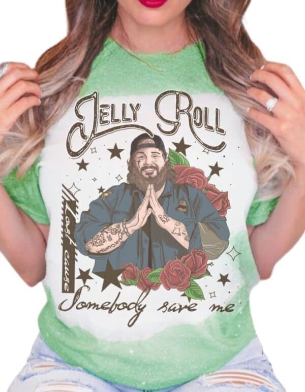 Jelly roll inspired somebody save me design on irish green bleached gildan cotton tee