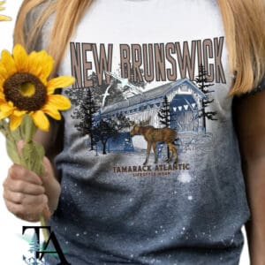 dark heather gildan cotton tshirt bleached with new brunswick covered bridge and moose
