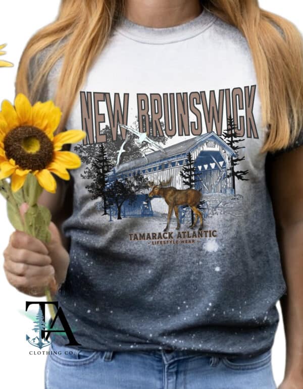 dark heather gildan cotton tshirt bleached with new brunswick covered bridge and moose