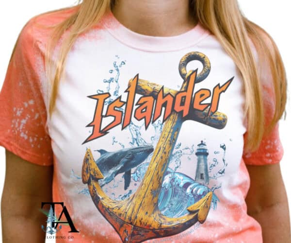 Orange bleached tee with anchor and whale newfoundland inspired gildan cotton