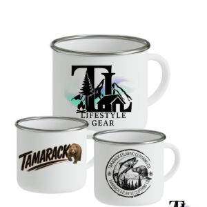 White tin camping mugs with custom business promotional logo for business branding merchandise, employee gifting, corporate brand gifts
