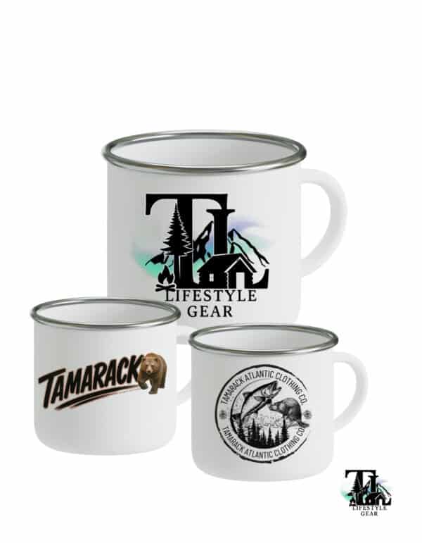 White tin camping mugs with custom business promotional logo for business branding merchandise, employee gifting, corporate brand gifts