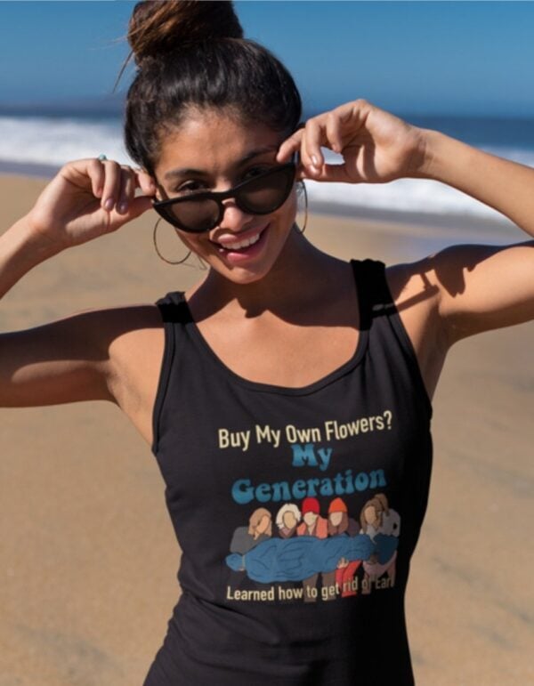 Black Comfort Colors women’s racerback tank top with distressed white retro text ‘My Generation Learned How to Get Rid of Earl’ — funny southern country music graphic tee for women, dark humor bachelorette tank, soft cotton-blend summer shirt for lake days, Nashville concerts, rodeos, or girls’ weekend. Available in Moncton New Brunswick at Tamarack Treasures boutique, Canadian country apparel shop.